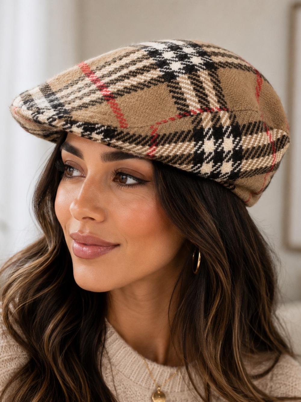 Burberry London Plaid Newsboy Cap - Beige Check